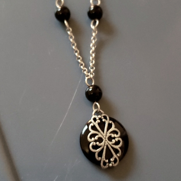 Sterling Silver & Onyx Bead Station Necklace - Picture 3 of 3